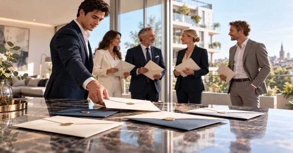 Fünf Leute in einem modernen Immobilienbüro mit verschlossenen Angebotsumschlägen auf einem Tisch – Bieterverfahren beim Immobilienverkauf.